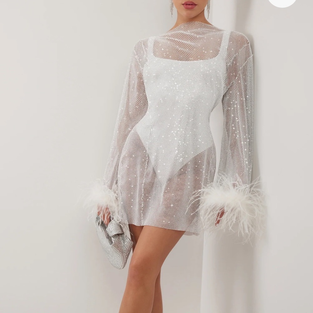 White crystal embellished feather trim mini dress